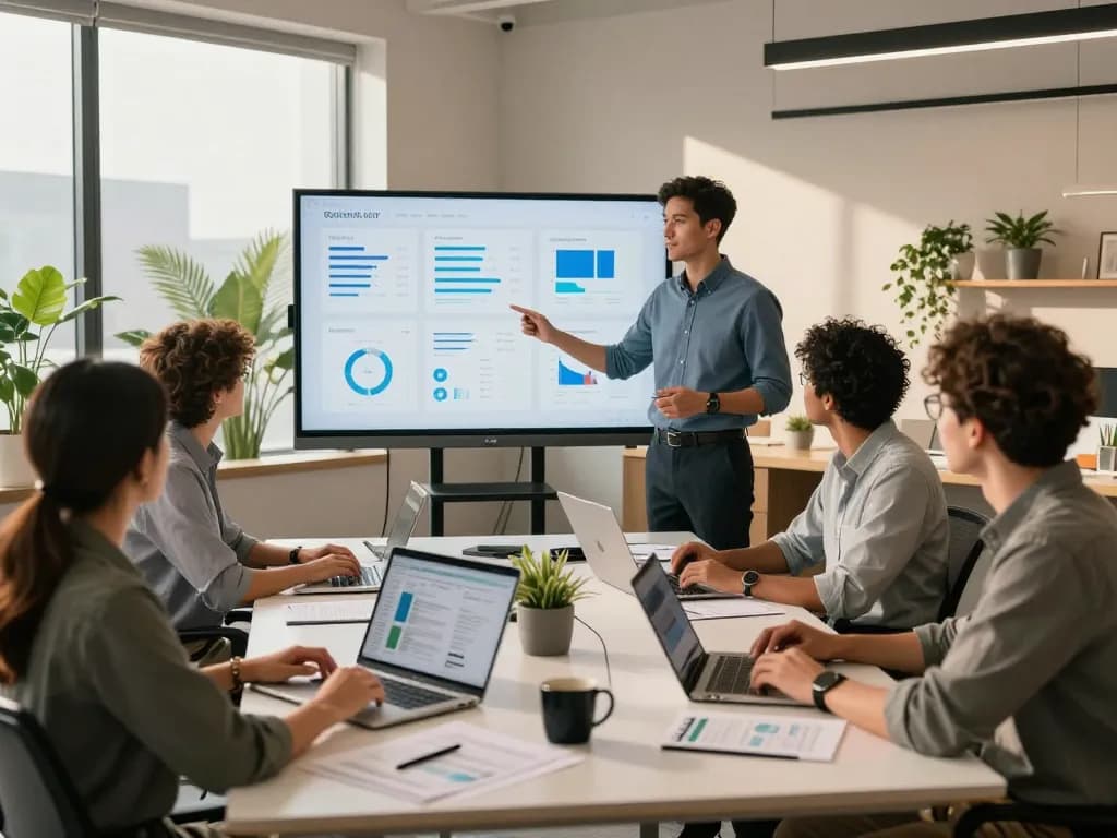 Team collaborating in a modern office with tech gadgets for productivity enhancing their workflow.
