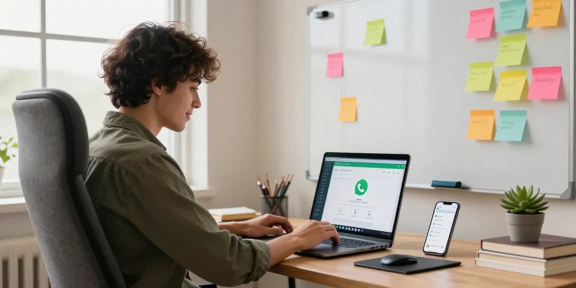 Using WhatsApp電腦版 on a sleek laptop in a modern home office.