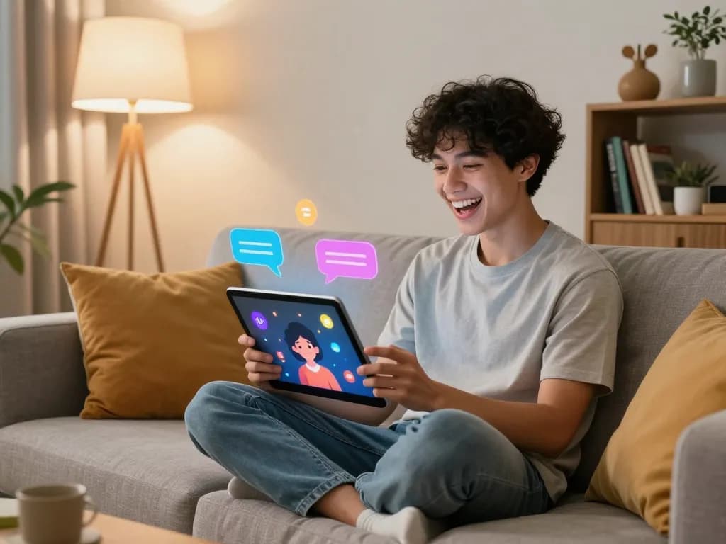 A young adult enjoying engaging AI conversation on a tablet, showcasing the crush on ai interactive experience.