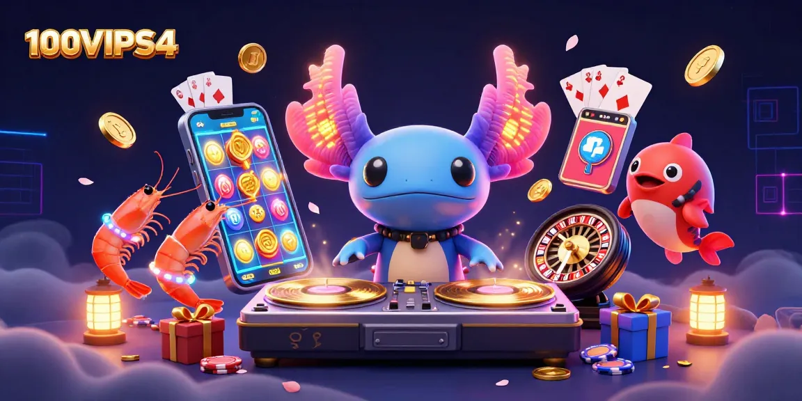 Unleash winnings at 100VIPS4 by exploring vibrant slot games in a colorful underwater casino party.