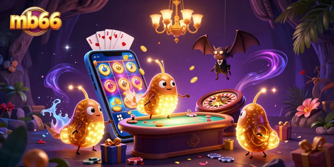Chơi game tại mb66 với glowworms trong một sòng bạc hấp dẫn, đèn chiếu sáng và lá bài bay xung quanh.
