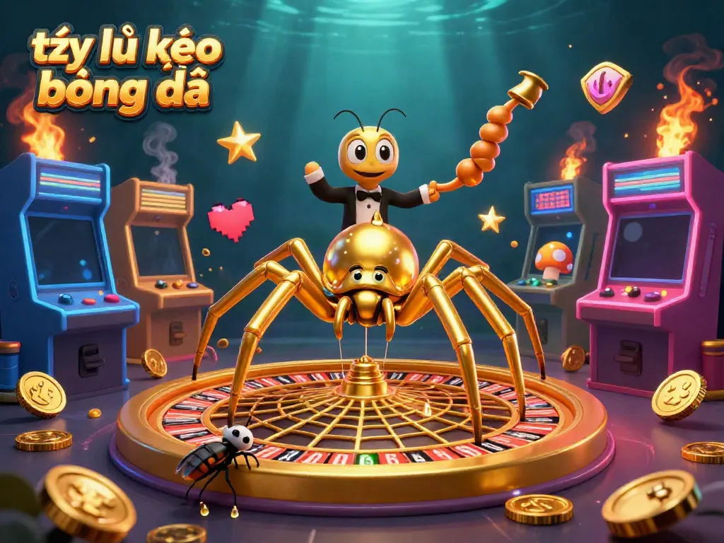 Engaging illustration of tỷ lệ kèo bóng đá with golden spider and interactive elements, perfect for online betting.