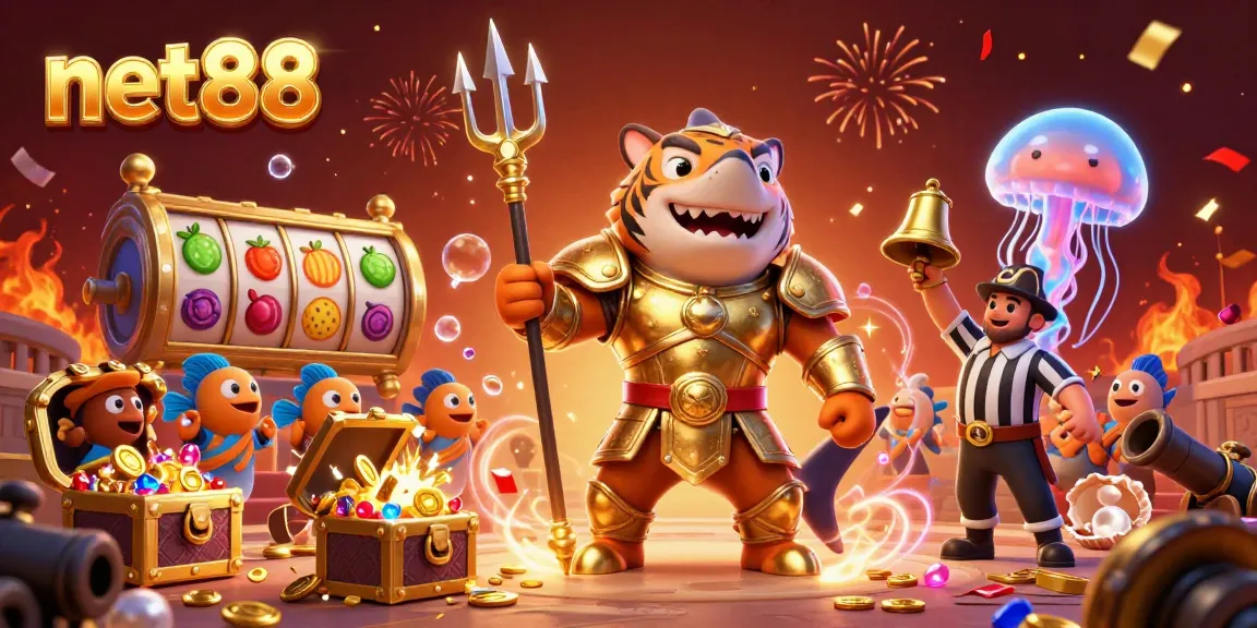 Experience the excitement of net88 with a tiger shark in gladiator armor amidst spinning slots and vibrant treasures.