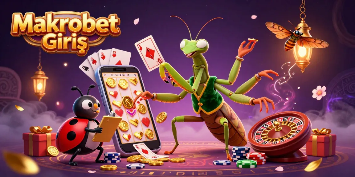 Experience Makrobet Giriş with engaging 3D illustration showcasing a vibrant casino scene amidst spinning reels and dazzling coins.