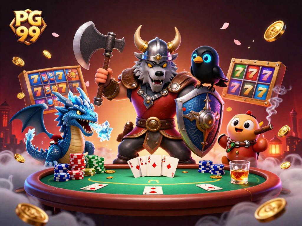 Engage in thrilling gaming action with PG 99's vibrant 3D illustration featuring a Viking warrior and dragon.