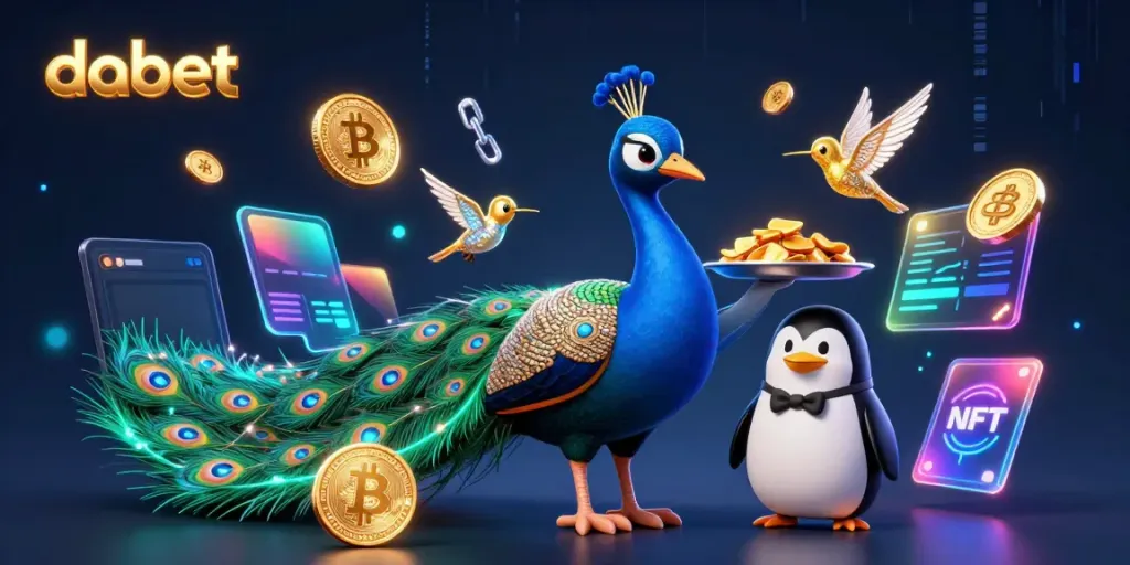 Dabet showcases a vibrant online casino scene with 3D peacock, butler penguin, and hummingbird among golden chips.