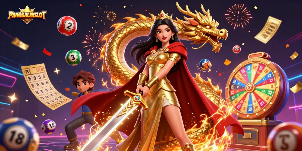 PANGKALANSLOT illustrates an Asian warrior queen surrounded by vibrant gambling elements like lottery balls and golden tickets.