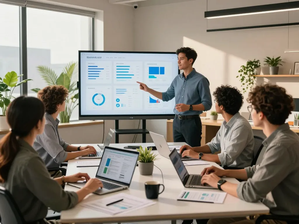 Team collaborating in a modern office with tech gadgets for productivity enhancing their workflow.