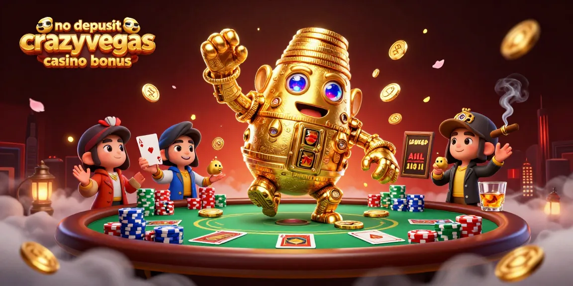 Spin the reels with no deposit crazyvegas casino bonus, featuring a golden golem surrounded by poker elements.