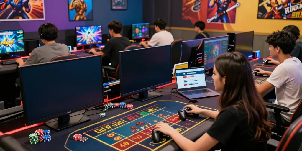 Engaged players at a vibrant gaming setup showcasing GEM88 with dynamic visuals and gaming elements.