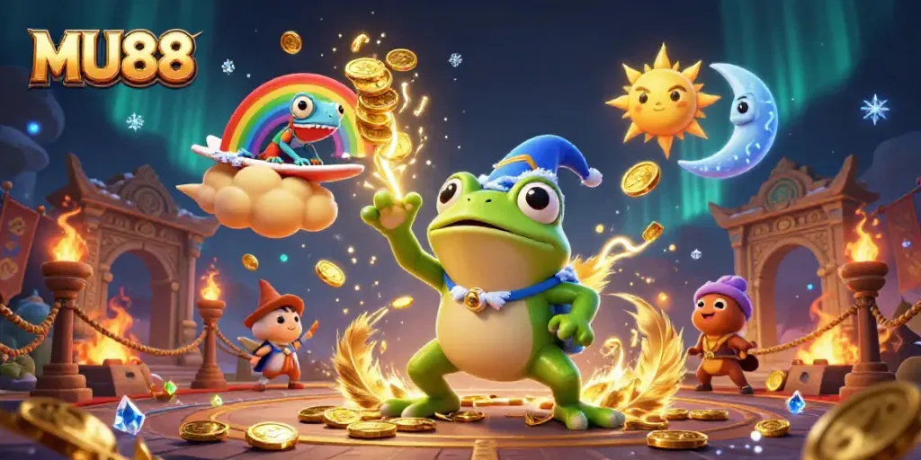 Experience the thrilling MU88 adventure with golden coins raining down and lively characters in action.