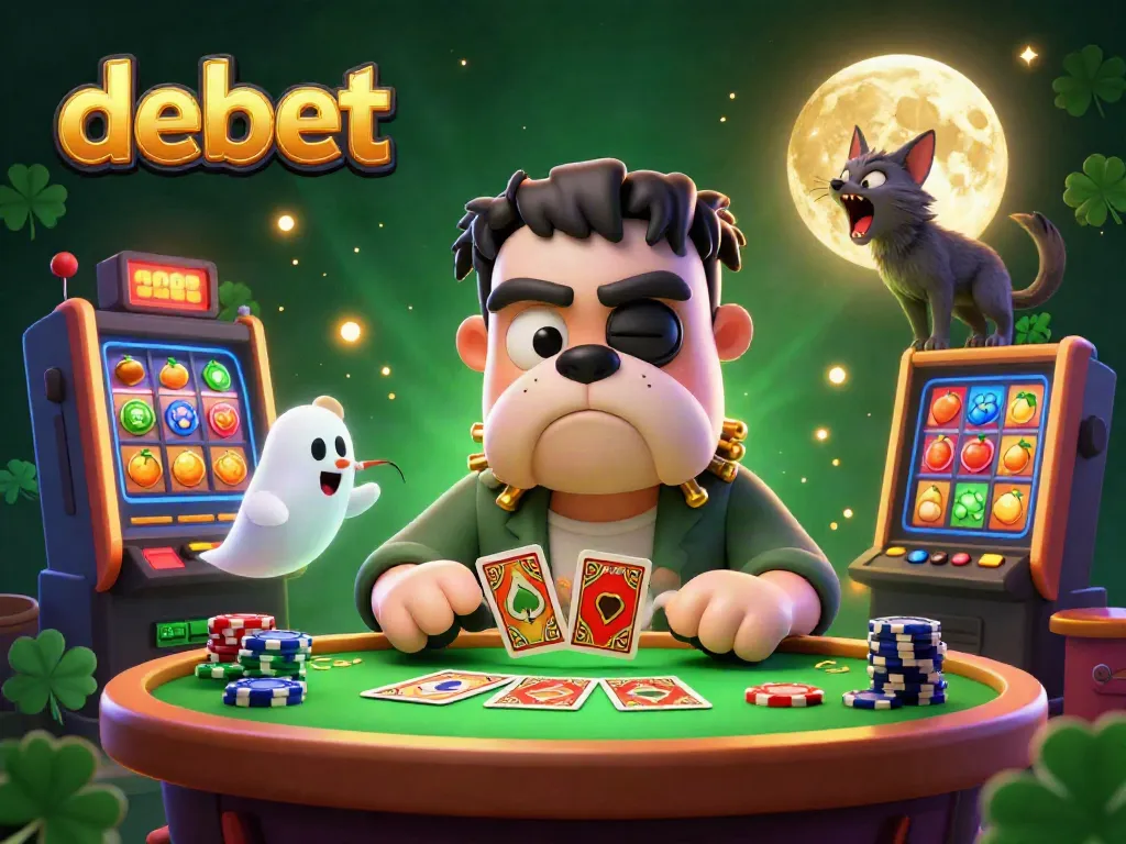 Engaging debet casino scene with a cheerful bulldog dealer, colorful slot machines, and golden jackpots.