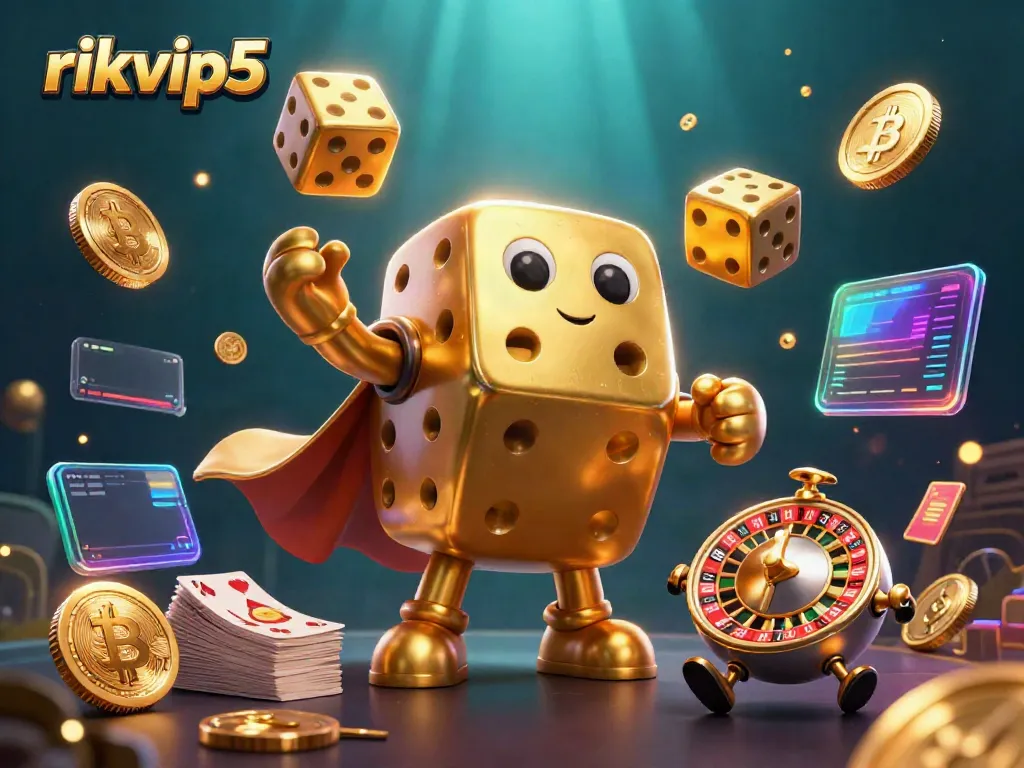 Play exciting games at rikvip5 with vibrant illustrations of digital dice, coins, and casino elements.
