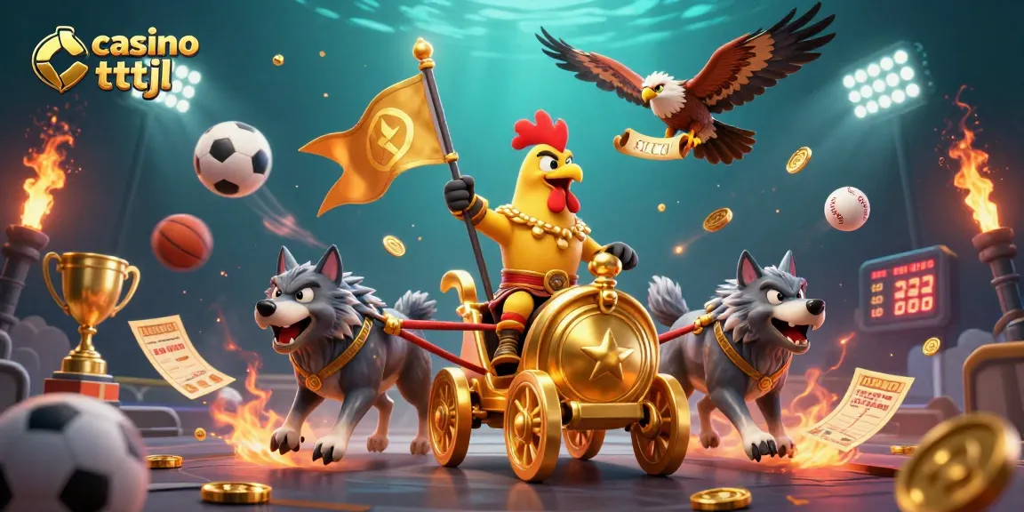 Experience thrilling moments at casino tttjl with a 3D scene of a rooster warlord in sports action.