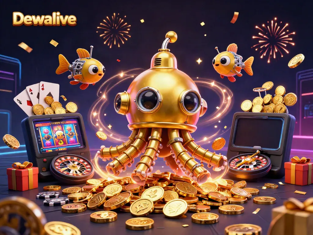 Dewalive menampilkan kraken emas di lautan koin emas dengan smartphone game slot