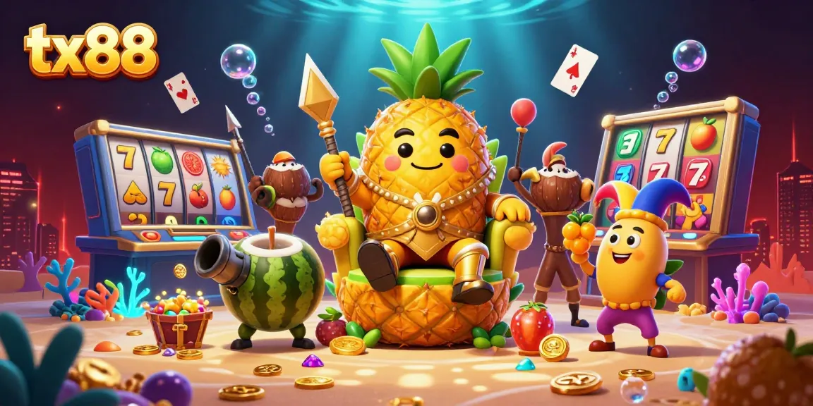 Experience the vibrant tx88 beach casino with a golden pineapple king and colorful slot elements.