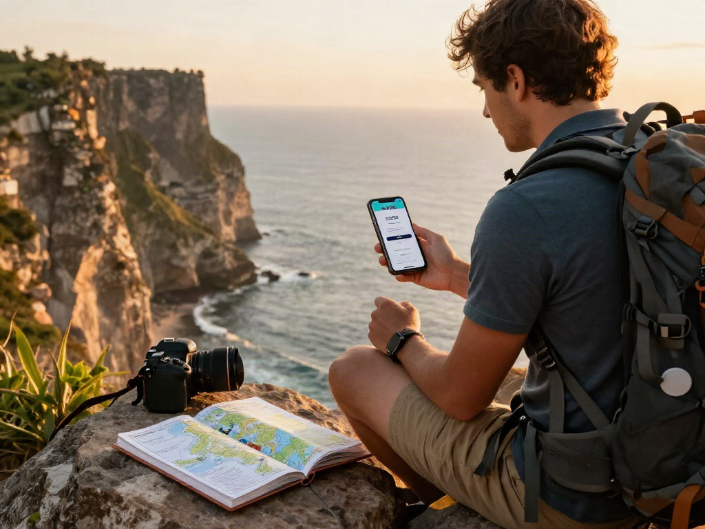 Traveler checking rokok88 login on smartphone at coastal viewpoint during golden hour.