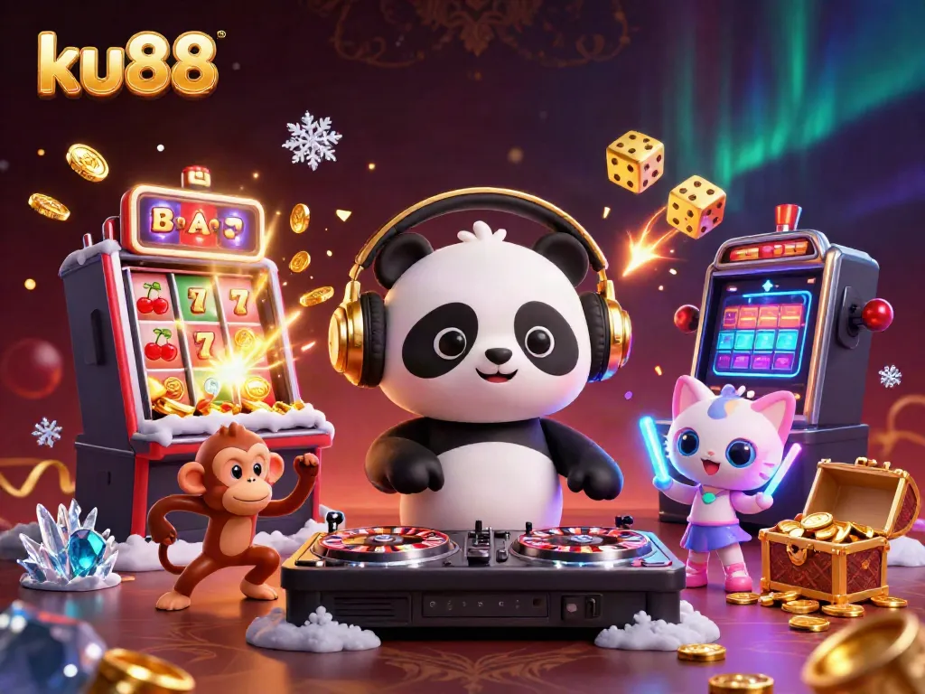 Engage in thrilling slot action with ku88 featuring a DJ panda, dancing monkey, and glowing kitten.