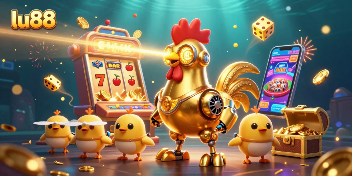 lu88 features a vibrant casino scene with a golden rooster robot and colorful slot machine.