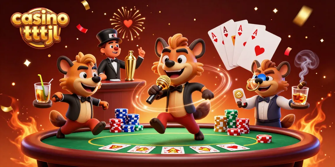 Engaging scene featuring a comedy casino setting at casino tttjl with cartoon hyenas, poker elements, and vibrant visuals.