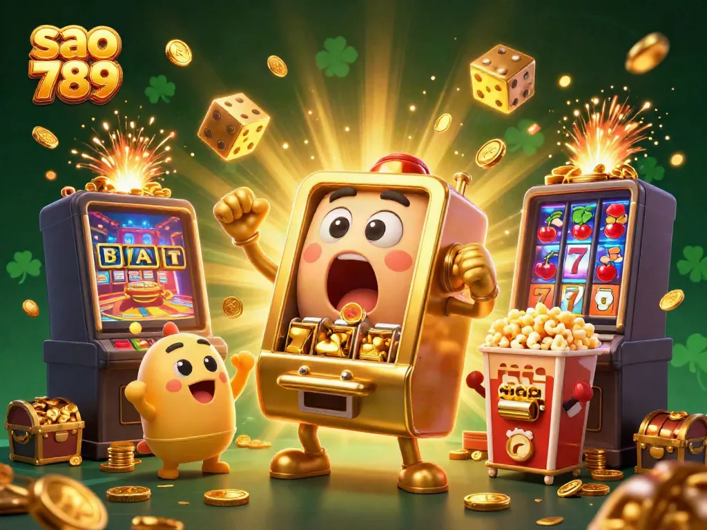 Sao 789 golden slot machine wins a jackpot while cheering small machines celebrate in a casino scene.