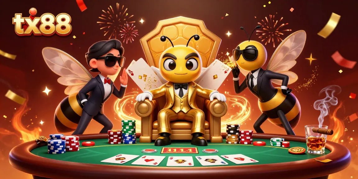 tx88 poker scene with cartoon bumblebee mob boss and vibrant casino elements
