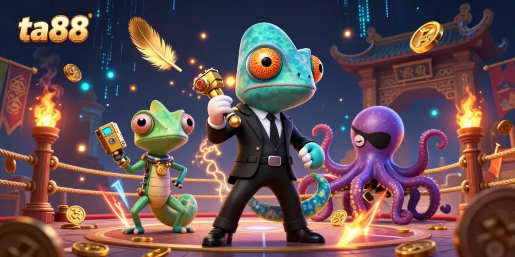 Experience the thrill of ta88's vibrant gambling scene with a dynamic illustration of chameleon secret agents, golden tokens, and intense atmosphere.