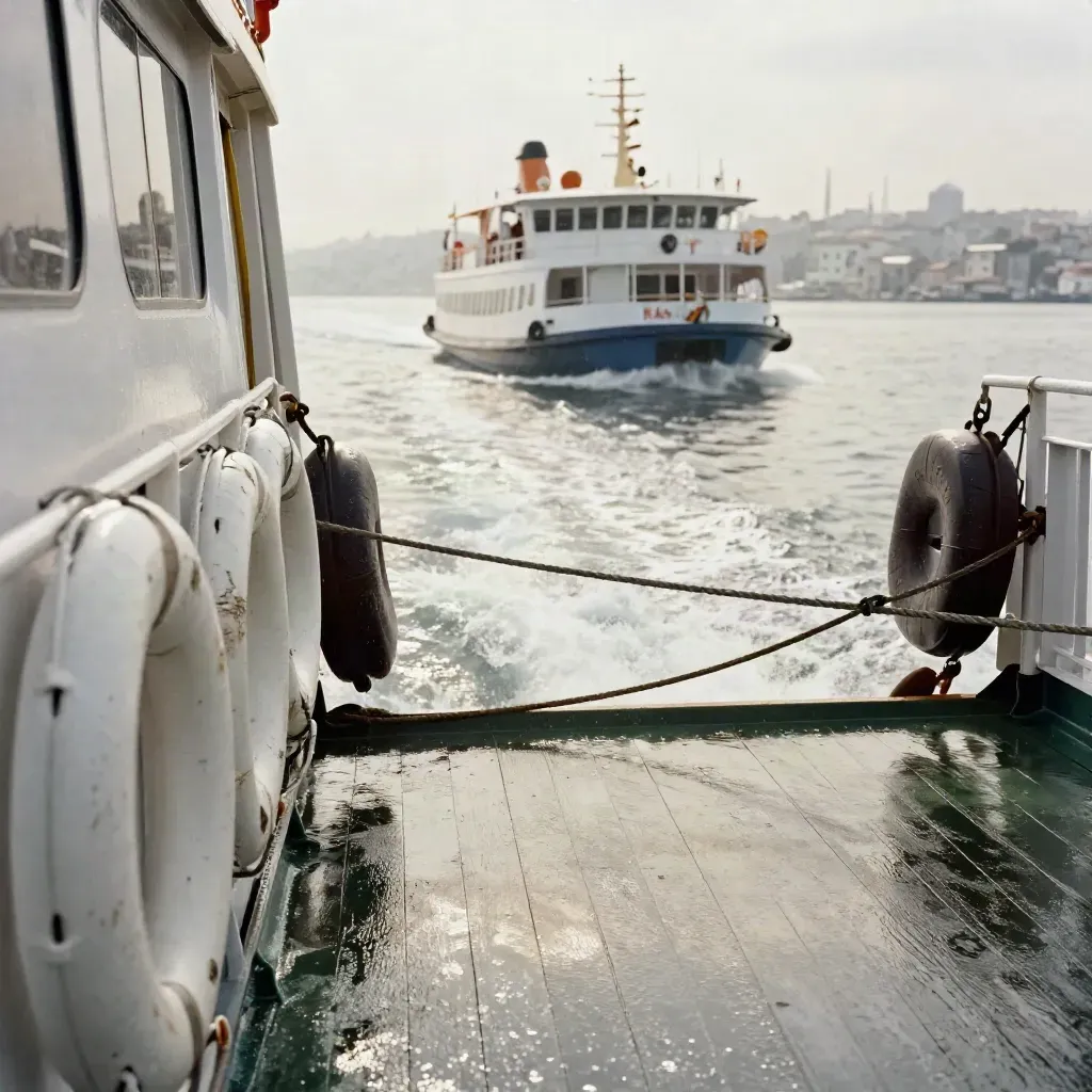 Karaköy'de vapur ayrılırken ıslak güverte, halatlar, can simitleri ve beyaz kuyruk suyu.