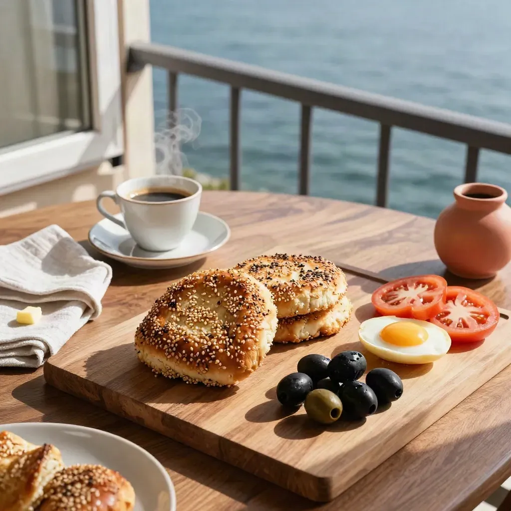 İzmir kahvaltısı, gevrek, zeytin, domates, yumurta ve kahveyle balkon masası
