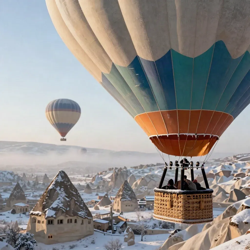 Karlı Kapadokya’da turkuaz balon ve buzlu peribacaları, kalkış anı