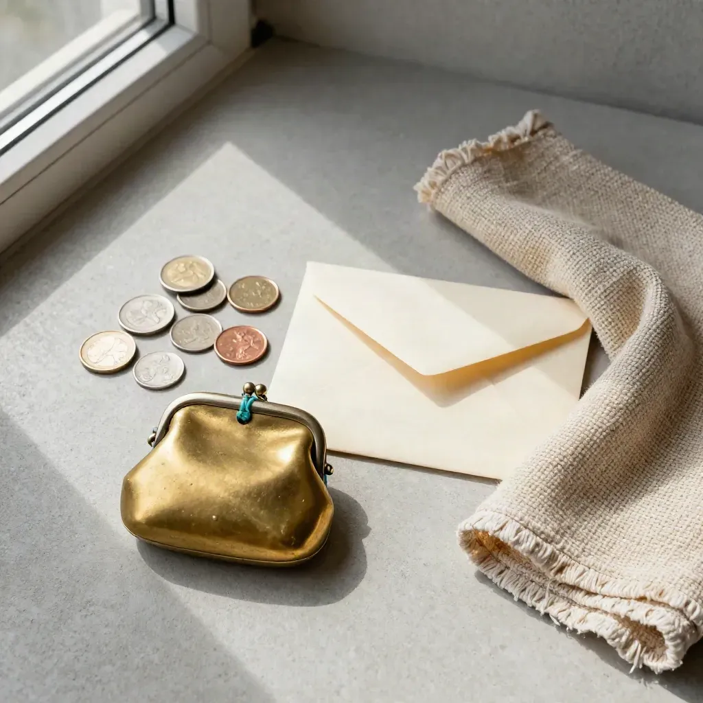 Bozuk para kesesi, madeni paralar, zarf ve dokulu kumaşın üstten düz flat lay görünümü.