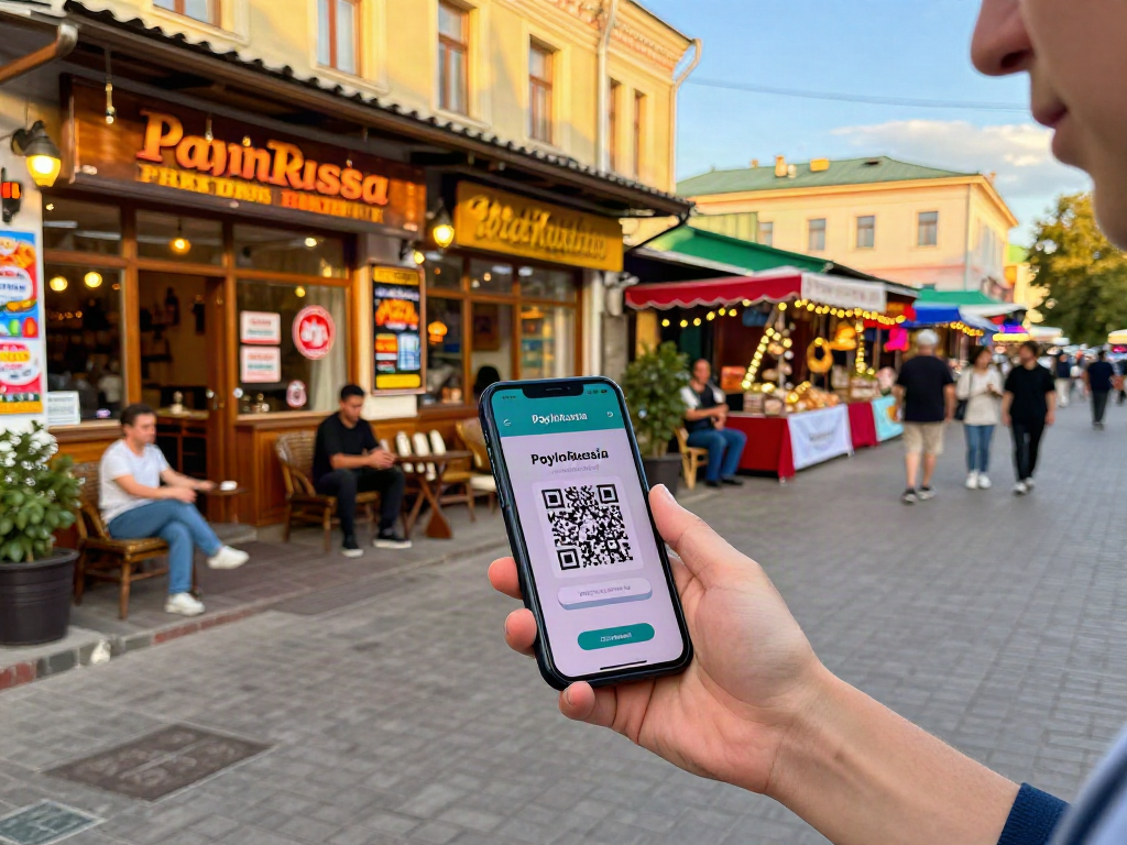 PayInRussia uygulaması ile şehirde ödeme yapan gezgin, renkli sokaklar ve müzisyenlerle dolu bir çevrede.