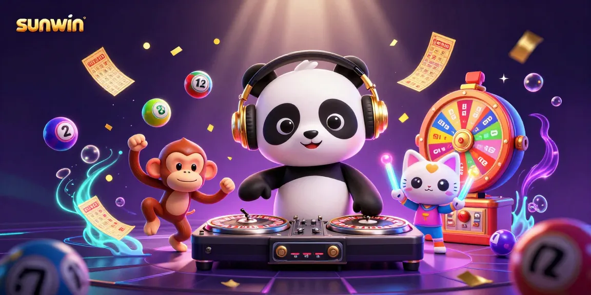 Spin to win at Sunwin with a DJ panda, dancing monkey, and glowing kitten in a vibrant casino scene.