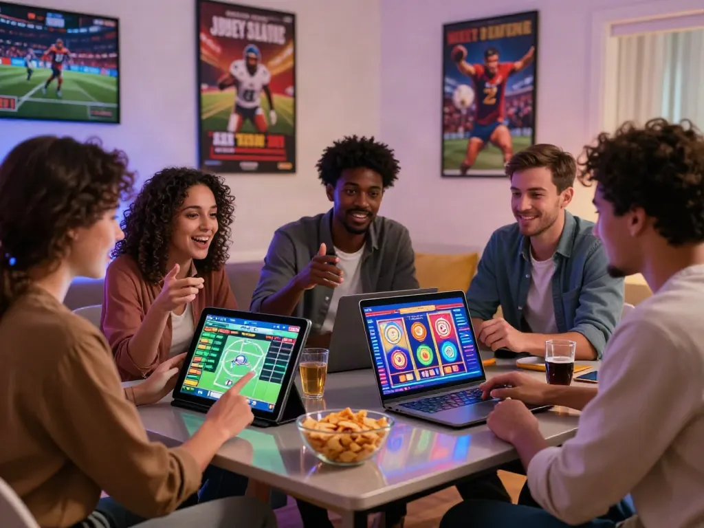 Friends engaging with ta88 online casino platform in a lively home environment.