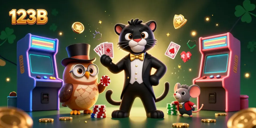 Play with your fortune in an exciting 123B online casino, featuring charming characters and vibrant game elements.