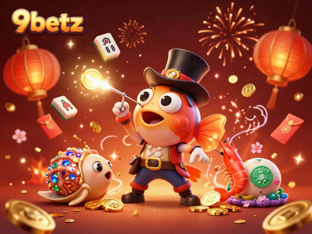 Engage with the 9betz gaming world, showcasing vibrant characters and casino-themed elements.