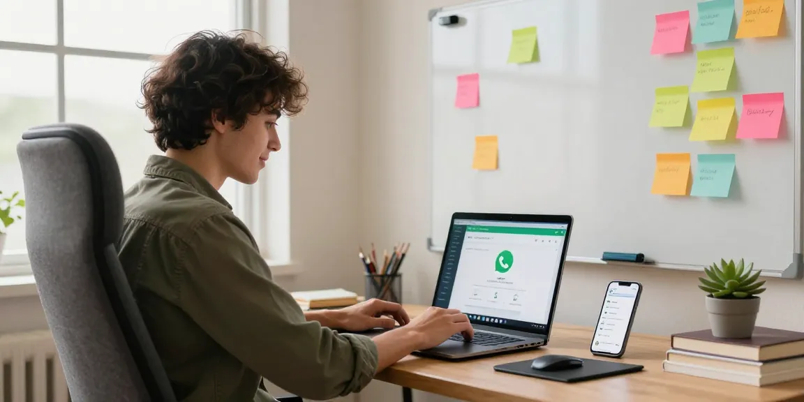 Using WhatsApp電腦版 on a sleek laptop in a modern home office.