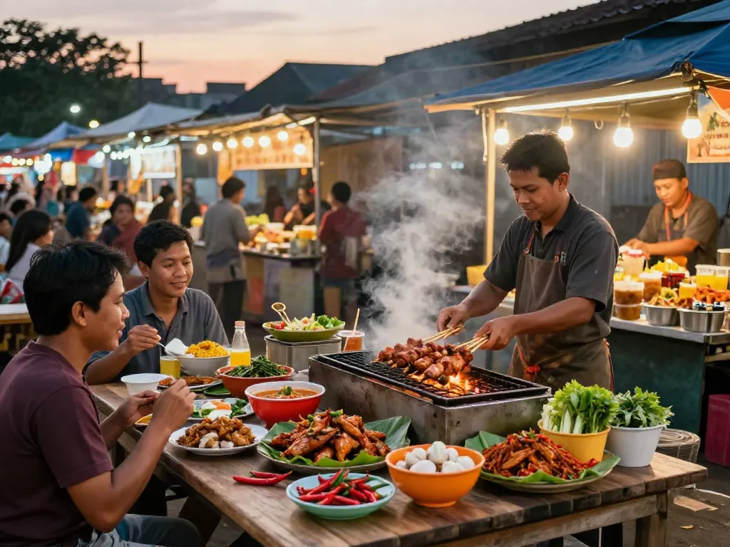 Indonesian street food scene depicting rokok88 with chefs grilling Sate Taichan, vibrant dishes, and happy diners.