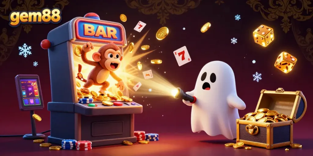 Experience the thrilling gem88 casino action with a playful poltergeist monkey and a puppy ghost-hunter.