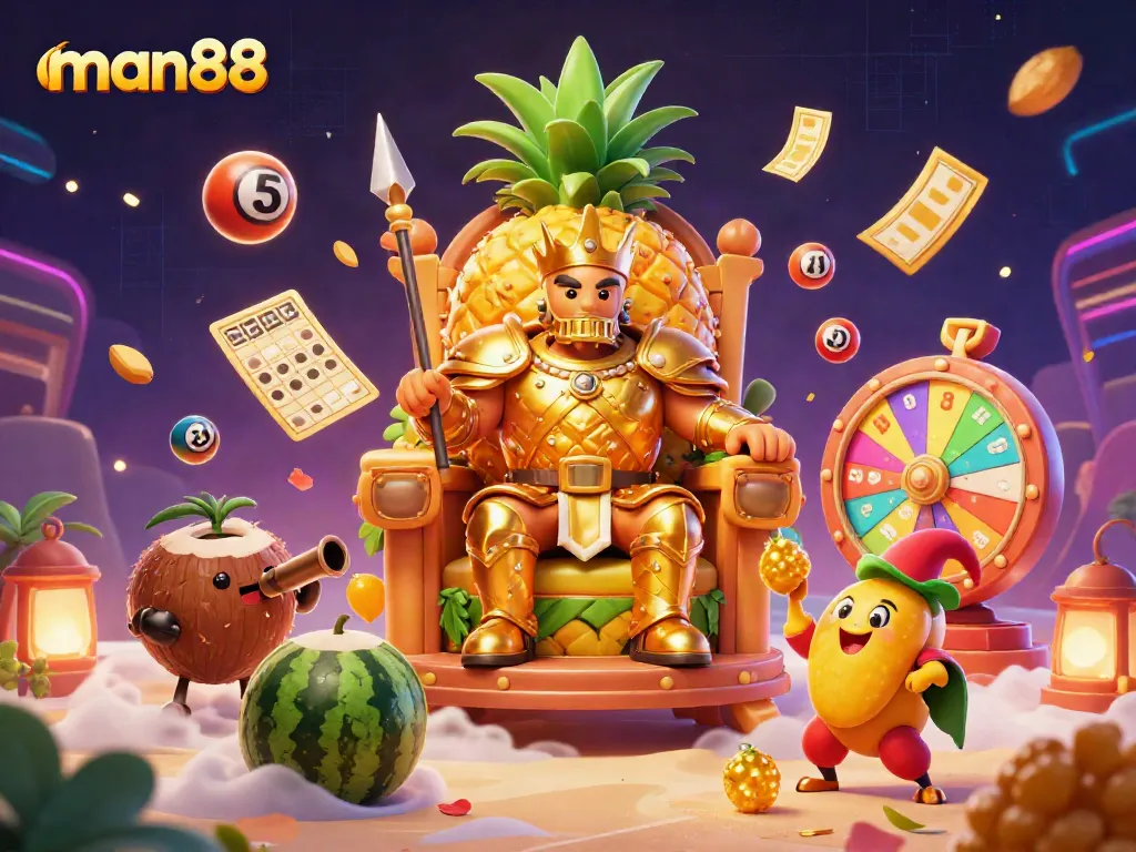 Experience the thrill of casino gaming at man88 with vibrant lottery balls and a playful golden pineapple king.