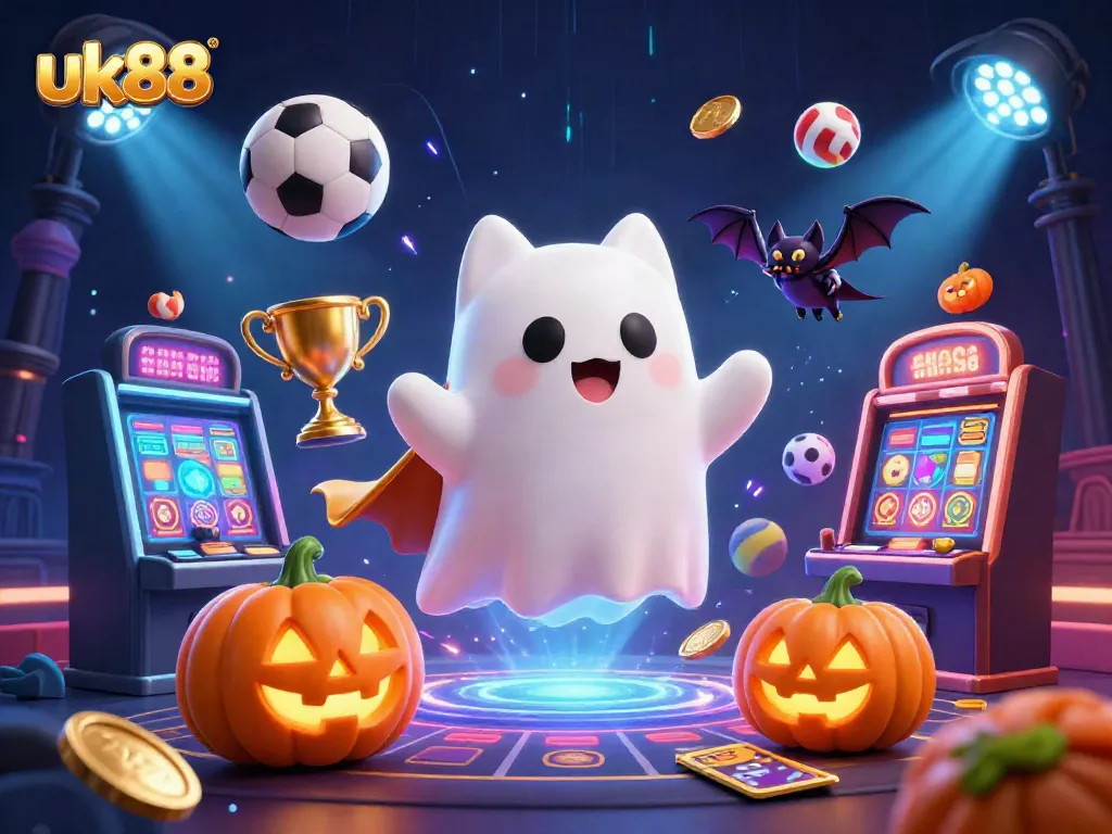 Experience the excitement of uk88 with a ghost cat in a haunted casino, vibrant sports elements, and glowing jack-o-lanterns.