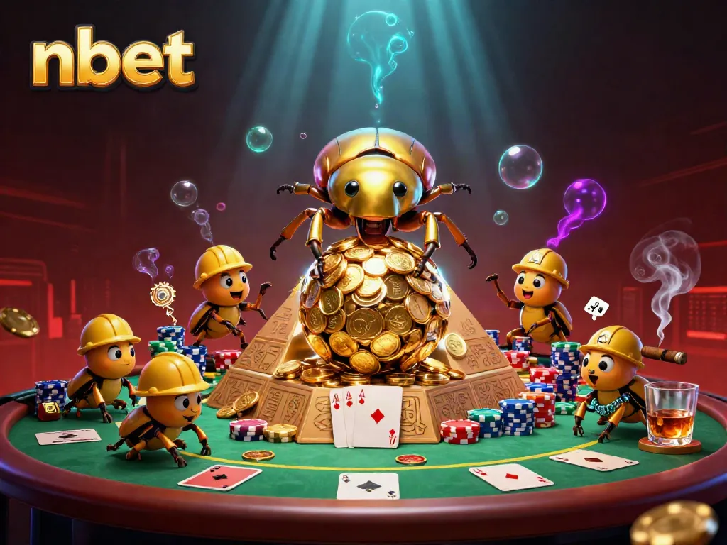 Engage with NBET's exciting gaming experience featuring golden dung beetles and a vibrant casino setting.