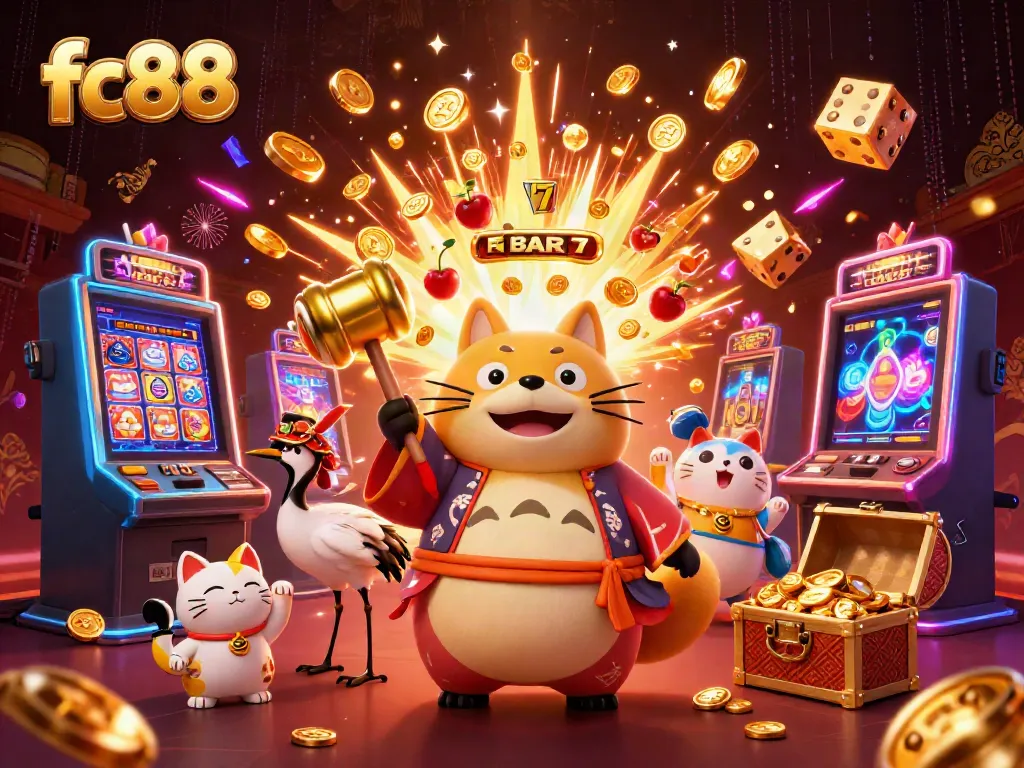 Spin and win with fc88 in this vibrant casino scene featuring a cheerful tanuki and maneki-neko.