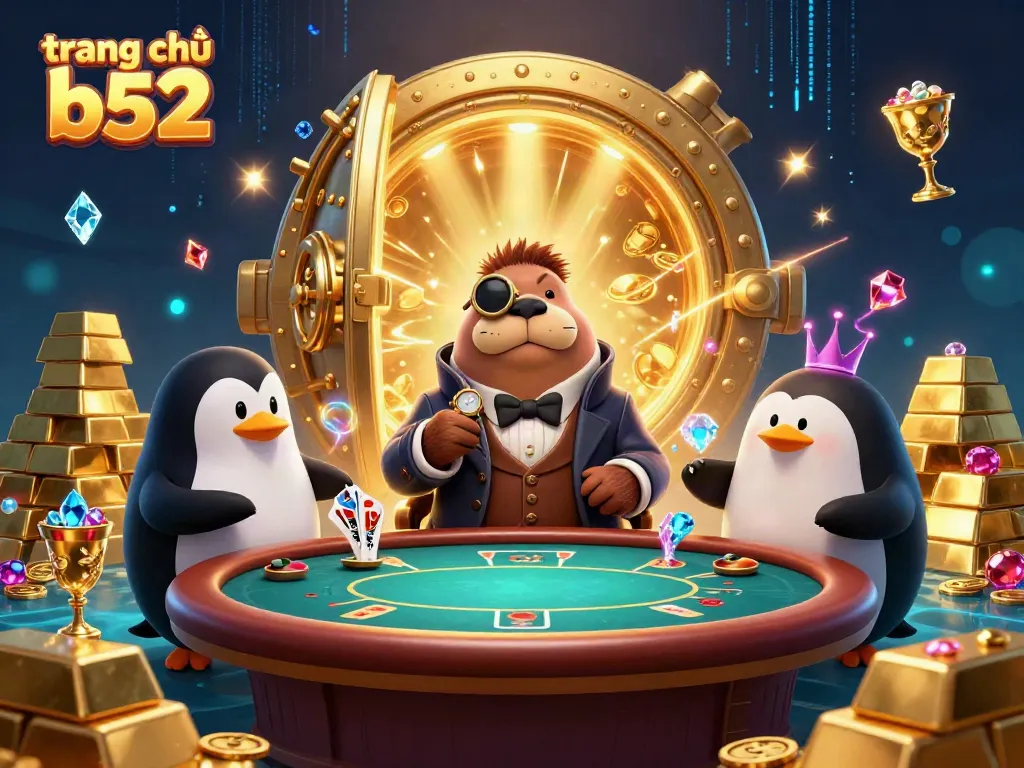 Engage with the thrilling atmosphere of trang chủ b52, showcasing a walrus, penguin dealer, and pufferfish in an underwater poker scene.