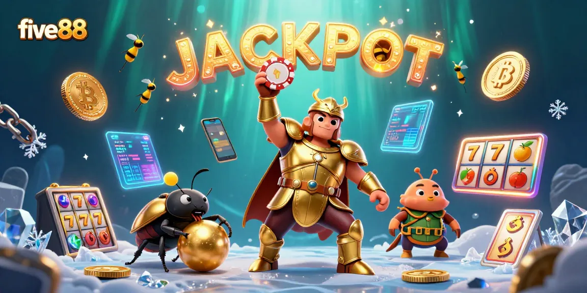 Win big with five88 in this vibrant 3D casino scene featuring poker and crypto elements.