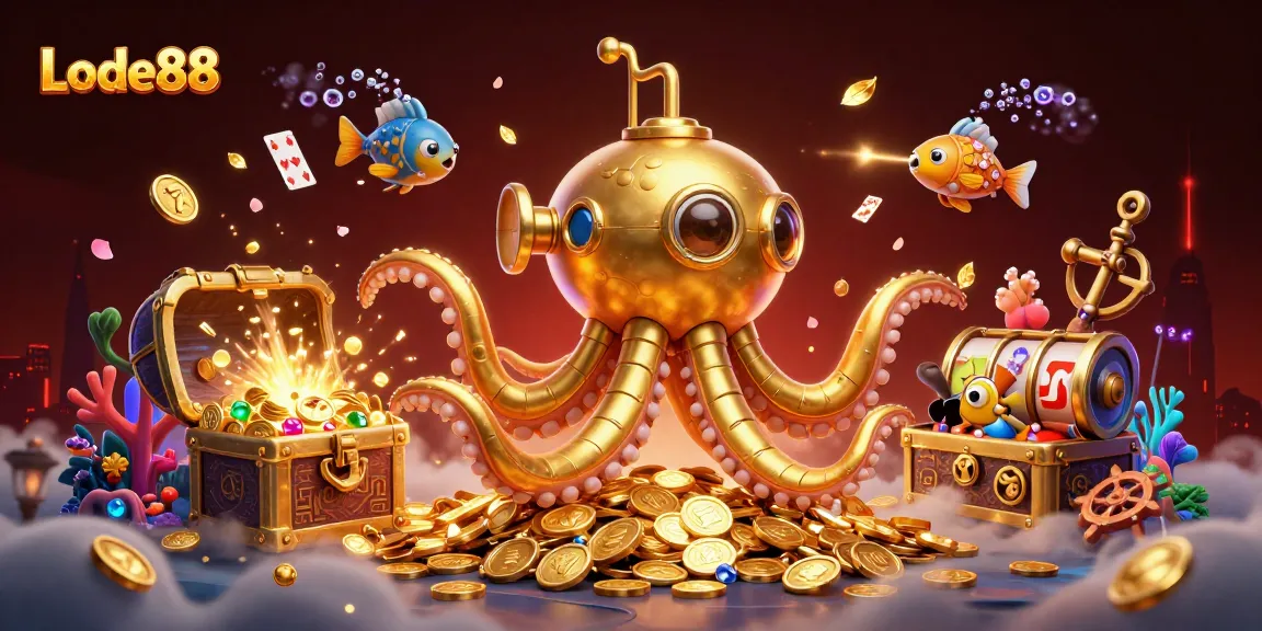 Lode88 offers a vibrant casino adventure with a golden kraken submarine amidst treasure in a thrilling 3D scene.