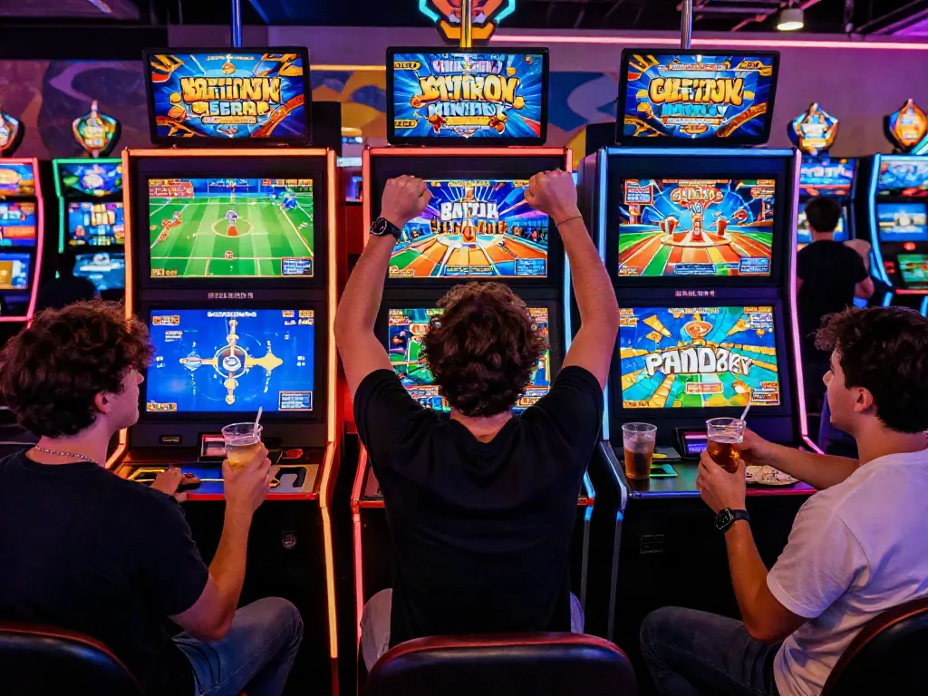 Exciting gaming environment at NBET with players enjoying interactive online games, celebrating wins and vibrant casino backdrop.