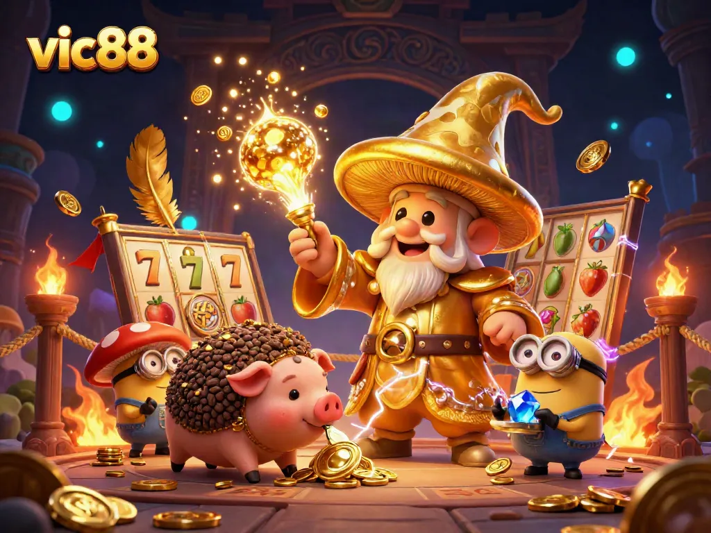 Experience the thrill of vic88 with a vibrant illustration of gaming magic and golden treasures.