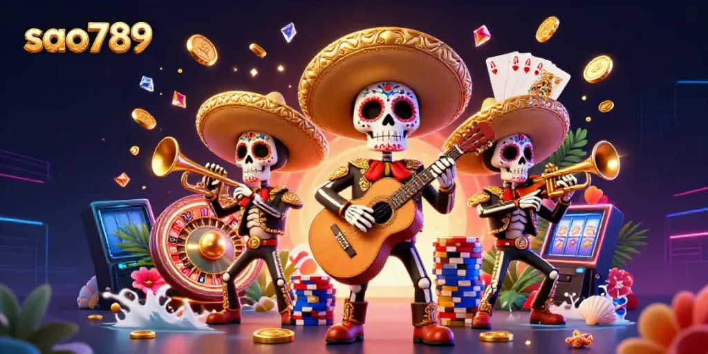Engage with sao789's casino excitement through a vibrant 3D illustration of a Day of the Dead mariachi band amidst golden coins and gaming elements.