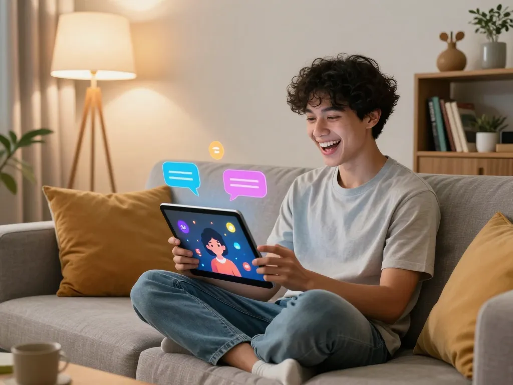 A young adult enjoying engaging AI conversation on a tablet, showcasing the crush on ai interactive experience.